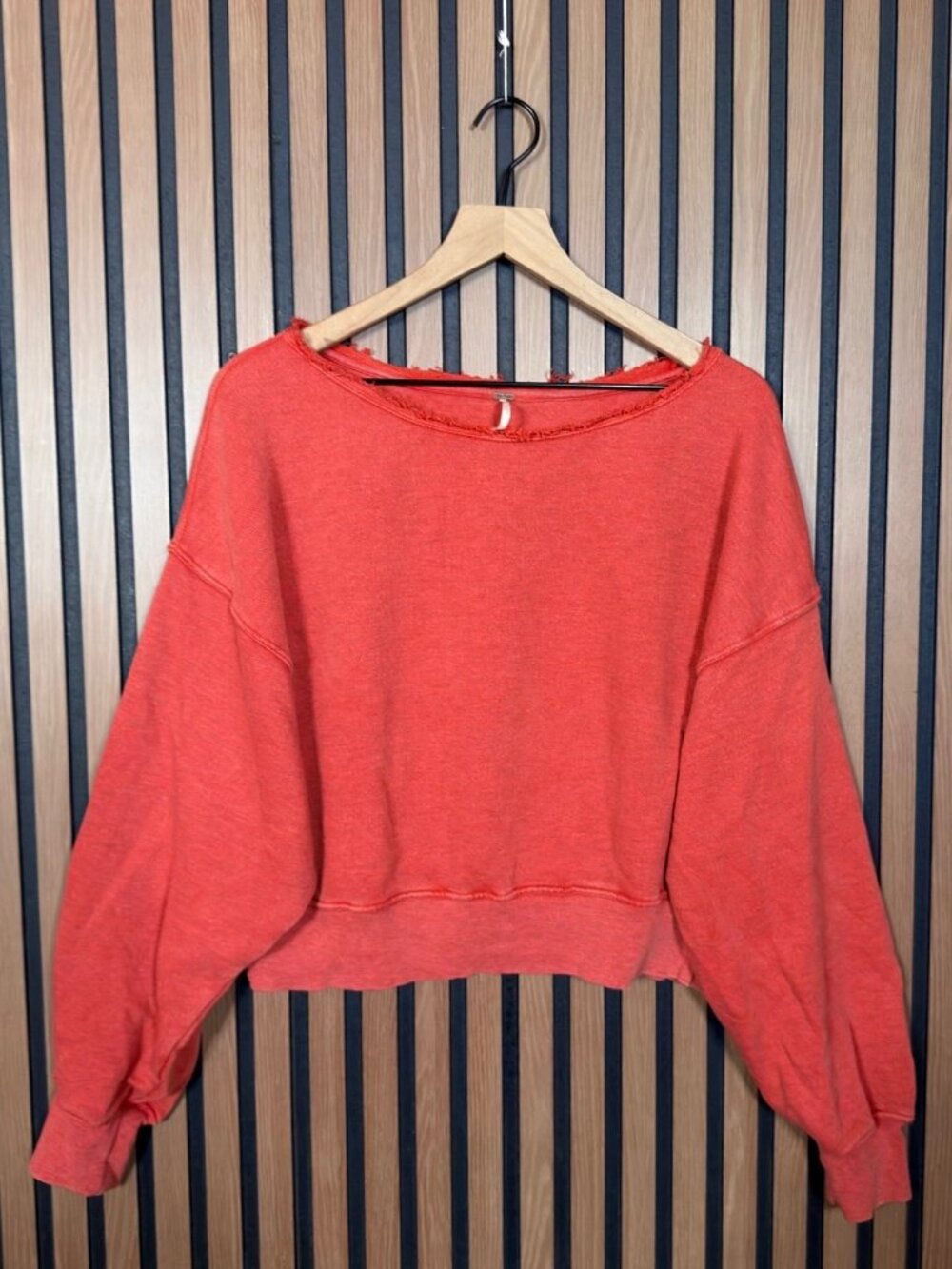 Free People Sweater Small Womens Red Orange Fleece Pullover Frayed Trim Neck